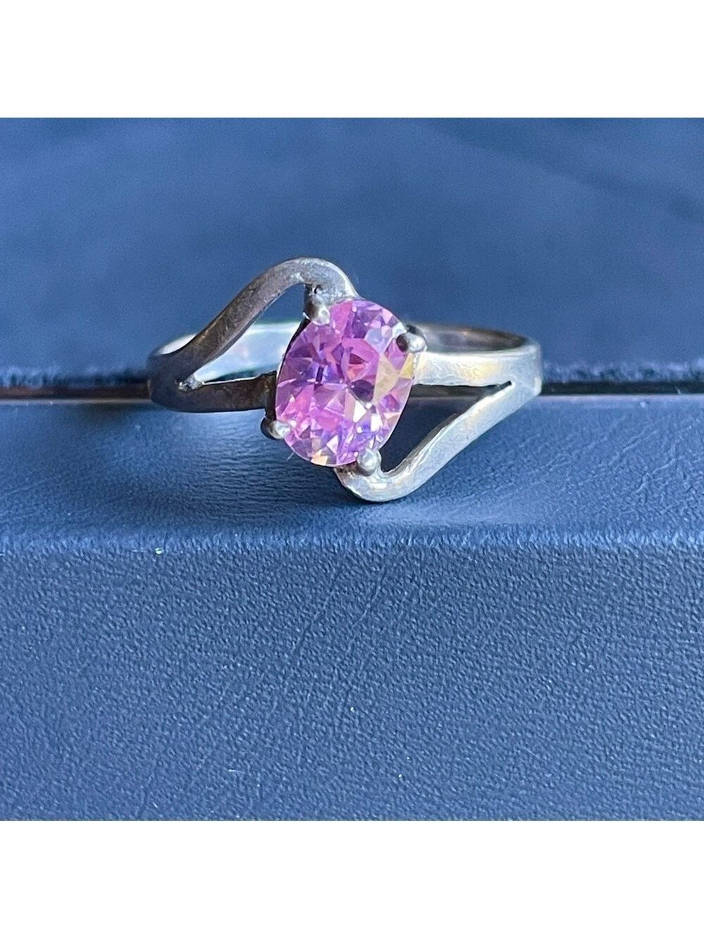 Pink Cubic Zirconia CZ Oval Cut Solitaire Sterling Silver Vintage Ring